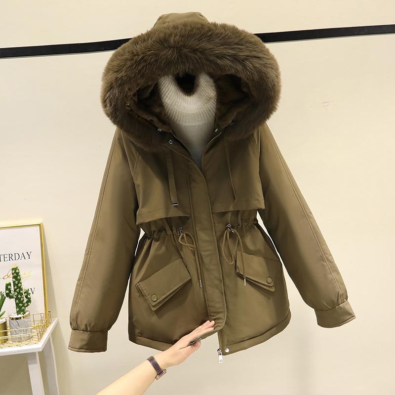 Big fur collar hooded pie overcomes women's autumn and winter drawstring waist pocket thermal cotton clothes