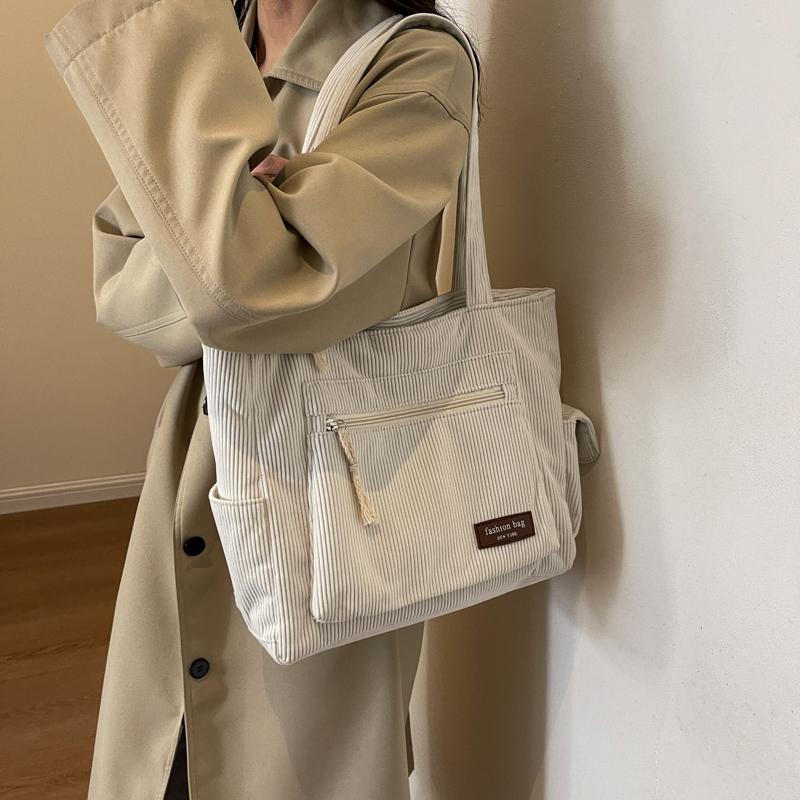 Simple Corduroy Tote Bag, Solid Color Shoulder Bag, Retro Multi Pockets Handbag For School Work Shopping