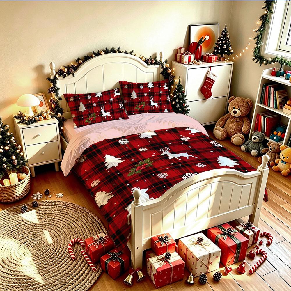 Christmas Duvet Cover Set 3Pcs Red Black Plaid Reindeer Tree Snowflake Print Soft Microfiber Bedding Pillowcases