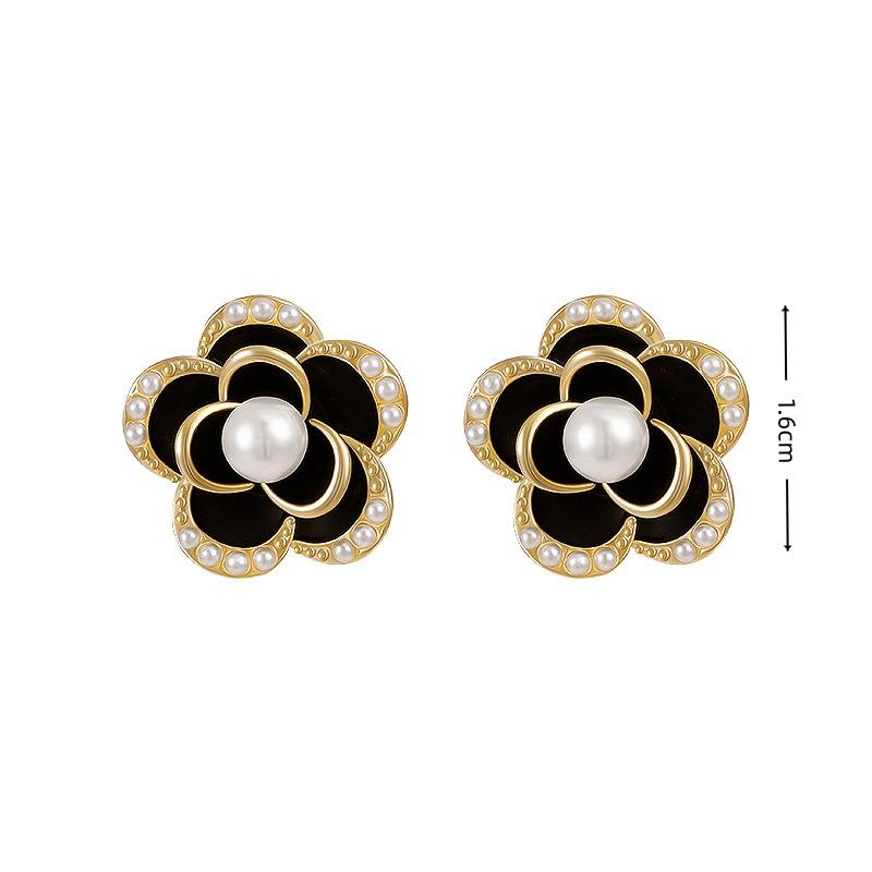 Black Camellia Stud Earrings Temperament Flower Pearl Earrings For Women Party Elegant Jewelry Accessories Girls Gift