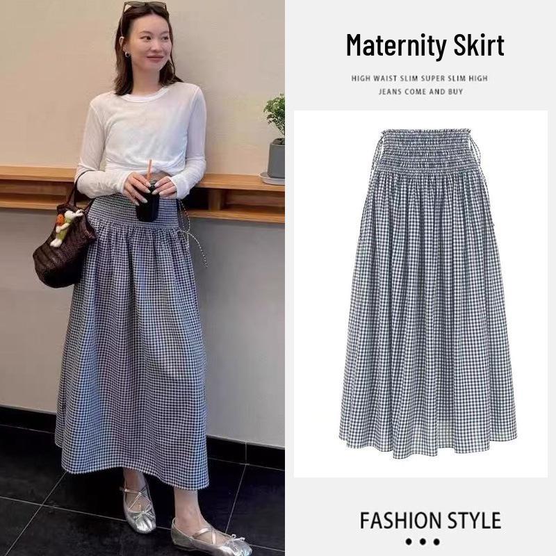 Maternity Spring/Summer 2026 Tummy Support Blue Plaid Mid-Length Skirt Large