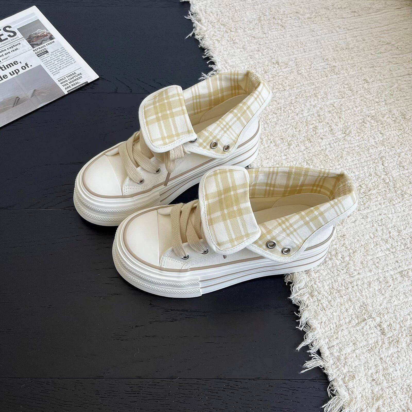 

Женские парусиновые кроссовки с высоким верхом в стиле ретро 2025: Толстая подошва, увеличивающая рост, повседневный осенний дизайн. 35 бежевый