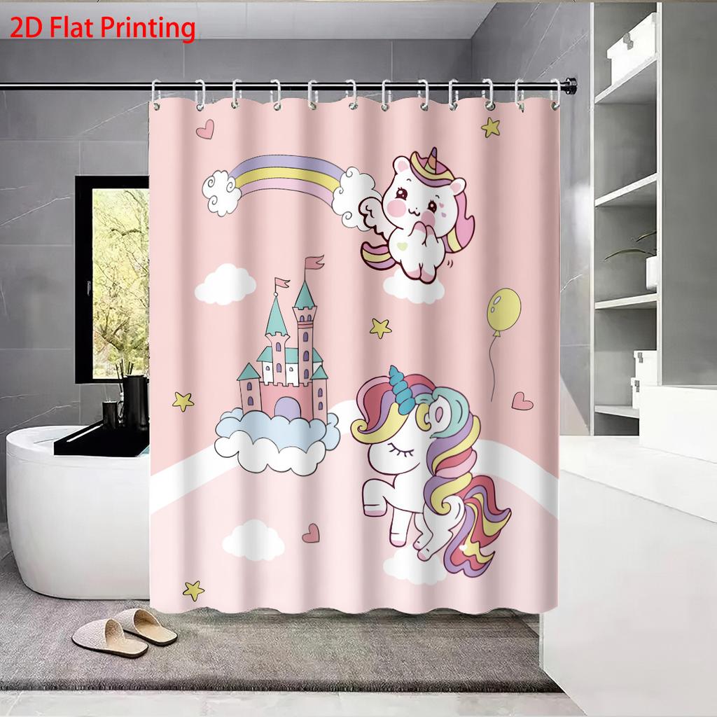 1Pc Pink Dreamy Unicorn Print Waterproof Shower Curtain Partition Privacy Hanging Curtain, With 12 Hooks, Multiple Sizes