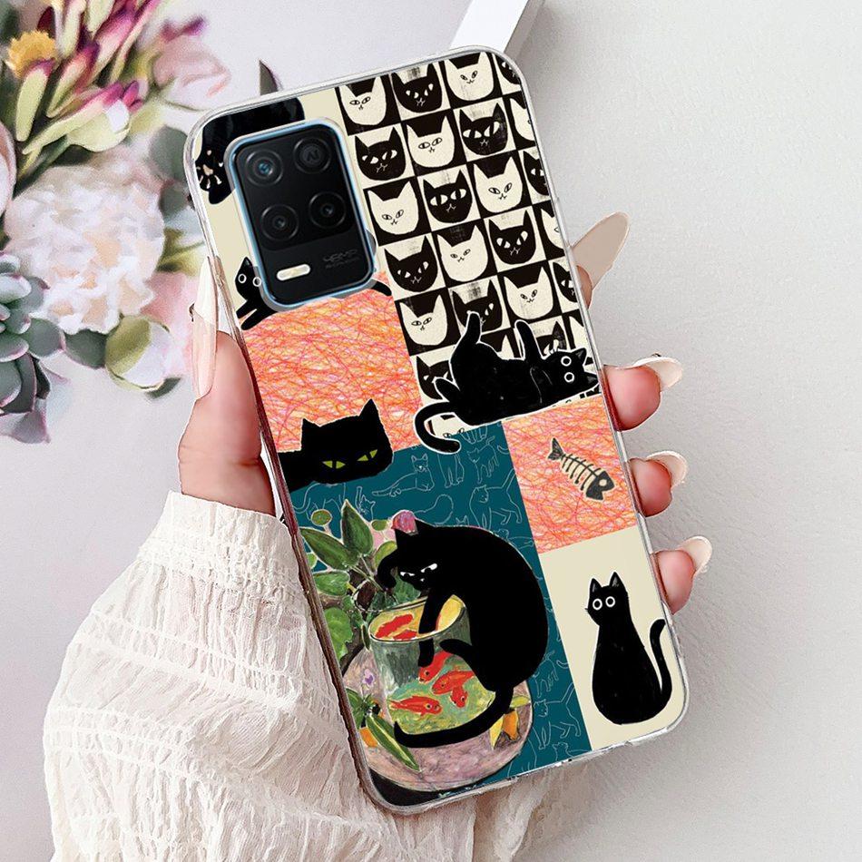 Pro telefon Realme 8 5G RMX3241 Pouzdro na telefon Realme8 5G Elegantní Květinový Potisk Kočky Měkký Silikon Průhledné TPU Pouzdra