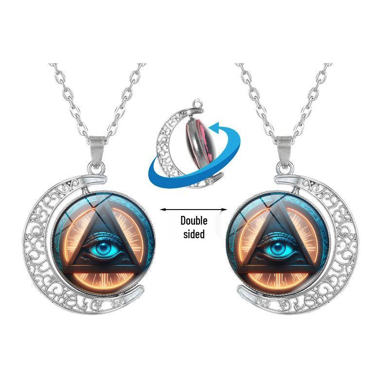 Ancient Egyptian Eye of Horus Rotating Moon Pendant Necklace - Women's Fashion Retro Sweater Chain Jewelry