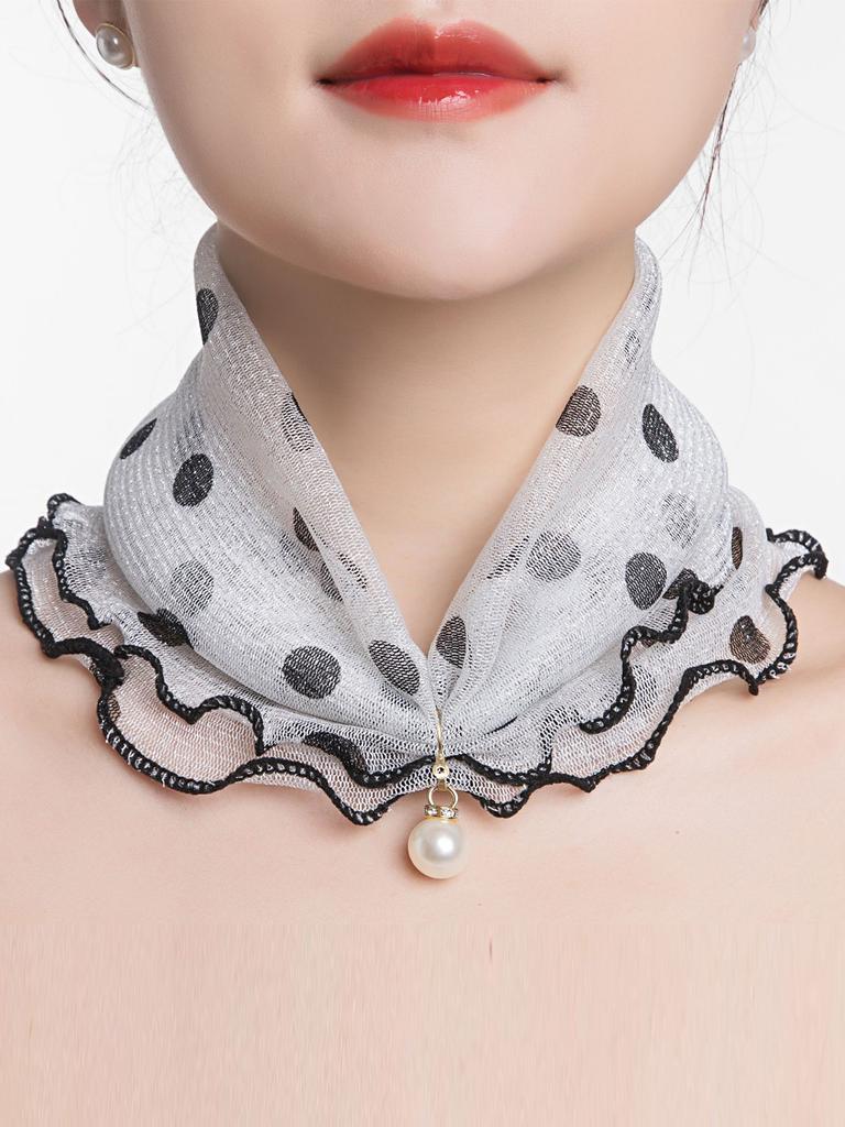 Women Gold Silk Ruffle Ring Scarf Fake Pearl Pendant Fashion Chiffon Neck Collar Thin Anti-UV  Neckerchief Hair Bandana Headban