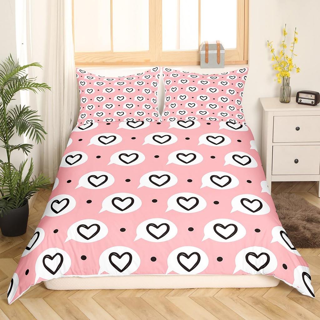Colorful Love Heart Comforter Cover Queen Pink Black Bedding Set Romantic Duvet Cover Valentine's Day Quilt Cover with Zipper