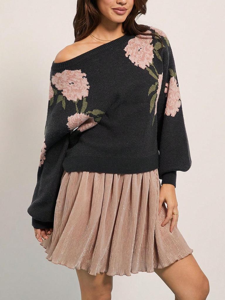 2025 Floral Jacquard Ribbed Cuff Women's Knitwear – Casual Long-Sleeved Sweater