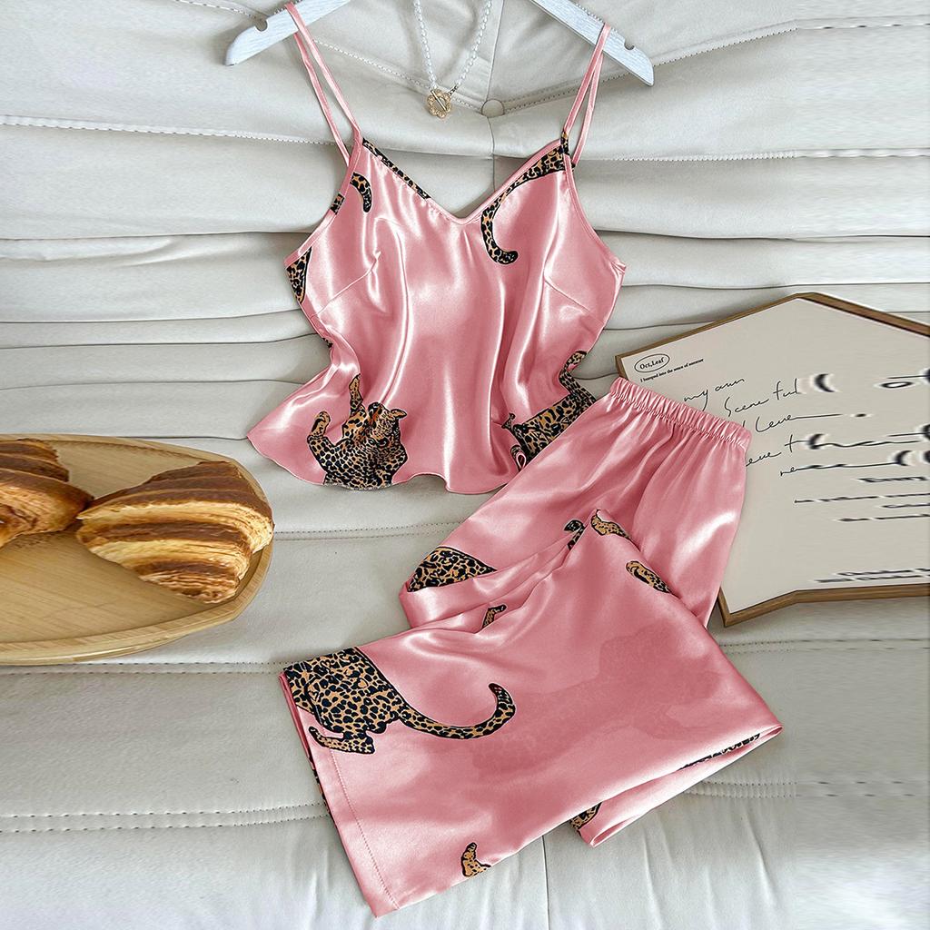 Women's pajamas, sexy V-neck leopard print nightgown, European and American style loungewear set