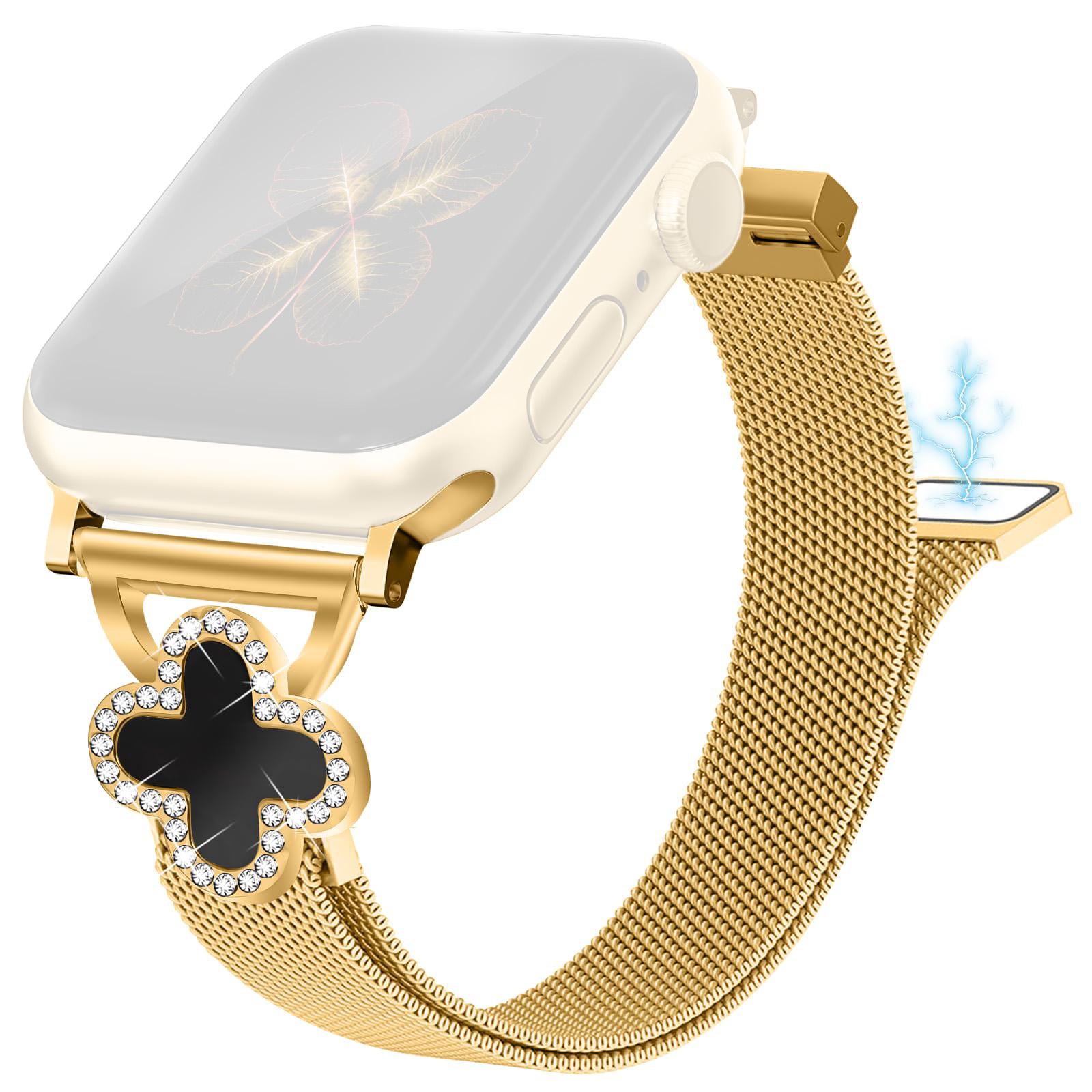 

Milanese Band For Apple Watch Series 10 Ultra 9 8 7 SE 6 5 4 3 2 1 46mm 49mm 45mm 44mm 42mm Watch Strap with Clover Connector,Size: S Gold/Black Shell