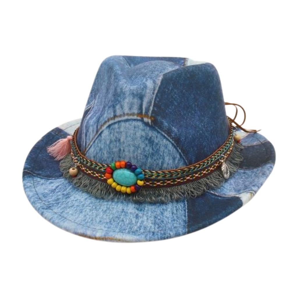 Premium Jazz Hat Vacation Ethnic Style Top Hat Children'S Accessories Retro Western Denim Splicing Top Hat