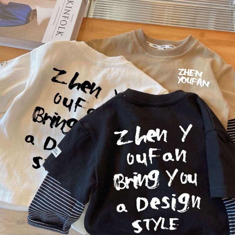Boys Korean Fake Two Piece Long Sleeve T Shirt Spring Autumn Fashionable Round Neck Base Layer Top Kids Trendy Clothes