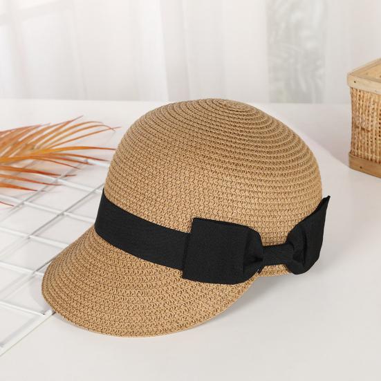 Chapeau de paille Large Ruban Noir Nœud Dôme Visière Plate Casquette de Baseball Léger Respirant Chapeau Protection Solaire