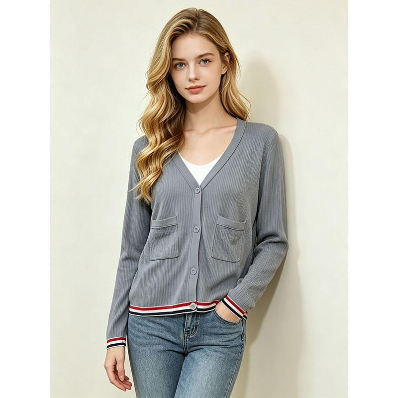 Womens V-Neck Striped Knit Cardigan Loose Fit Lightweight College Style Open Front Sweater