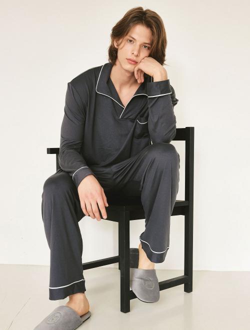 

[LUNALUZ STUDIO] Maybe Spandex Long Sleeve Half-Collar Two-Piece Pajamas [Shipped from Korea] 100% Authentic Melange Grey