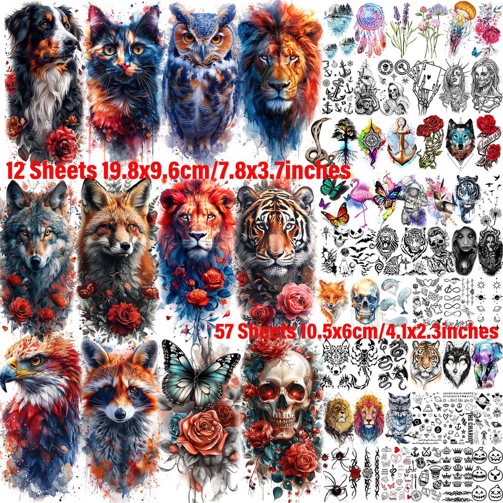 69 Sheets Watercolor Animals Temporary Tattoos Lion Fox Owl Cat Tatoos Long Lasting Waterproof Fake Tattoos Arm Hand Leg Sticker