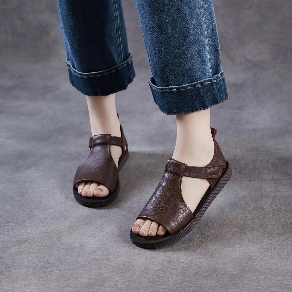 Johnature Retro Genuine Leather Peep Toe Flat Sandals Versatile Casual Soft Soled Beach Shoes