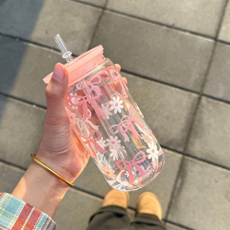 Bow Glass Cute Water Cup Cartoon Bow Glass Cup Striped Cute Doodle Coffee Mug Household Fruit Tea Lemonade Girls Gift