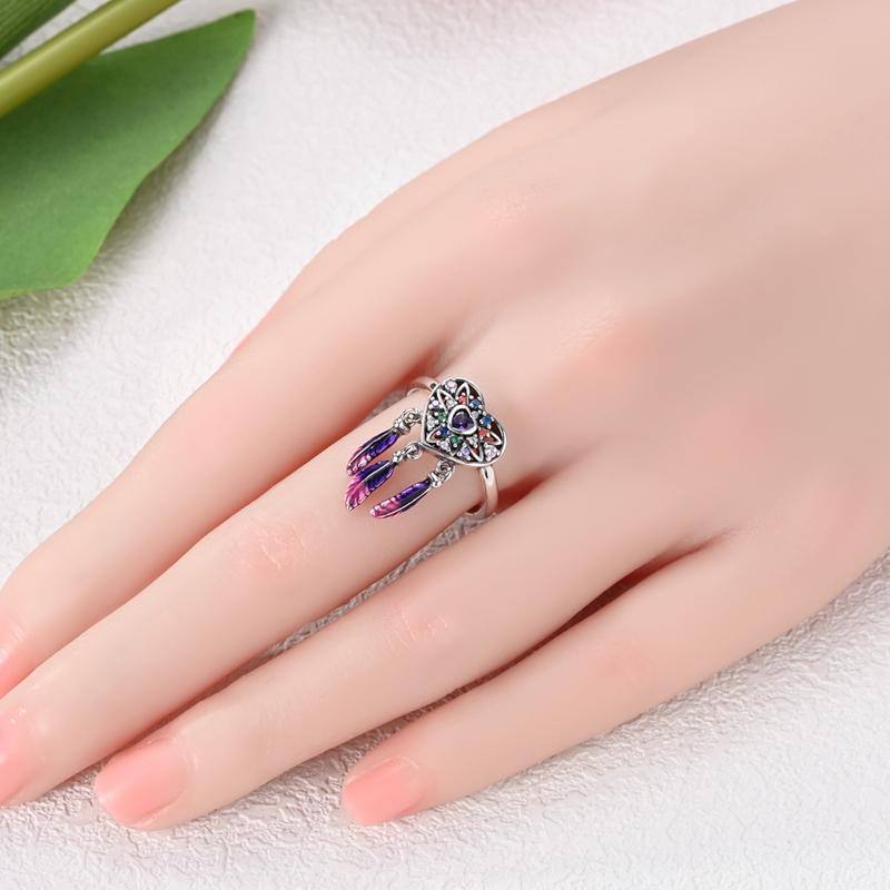 Original 925 Sterling Silver Sparkling Dream Heart Dreamcatcher Ring For Women Girls Jewelry Birthday Anniversary Gifts