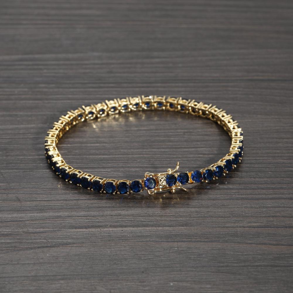 European and American Tennis Bracelet 4mm Blue Full Zirconium Single-row Men's Bracelet, Trendy Hip-hop Accessories Zircon Tennis Chain