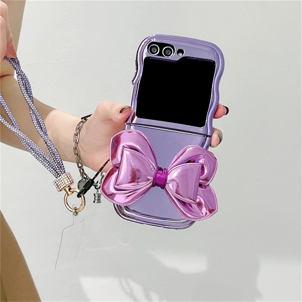 Big Leather Bowknot Phone Case For Samsung Z Flip 4 z flip 6 5 3 Bracelet Cover For Galaxy Z Flip5 Plating Wavy Cases