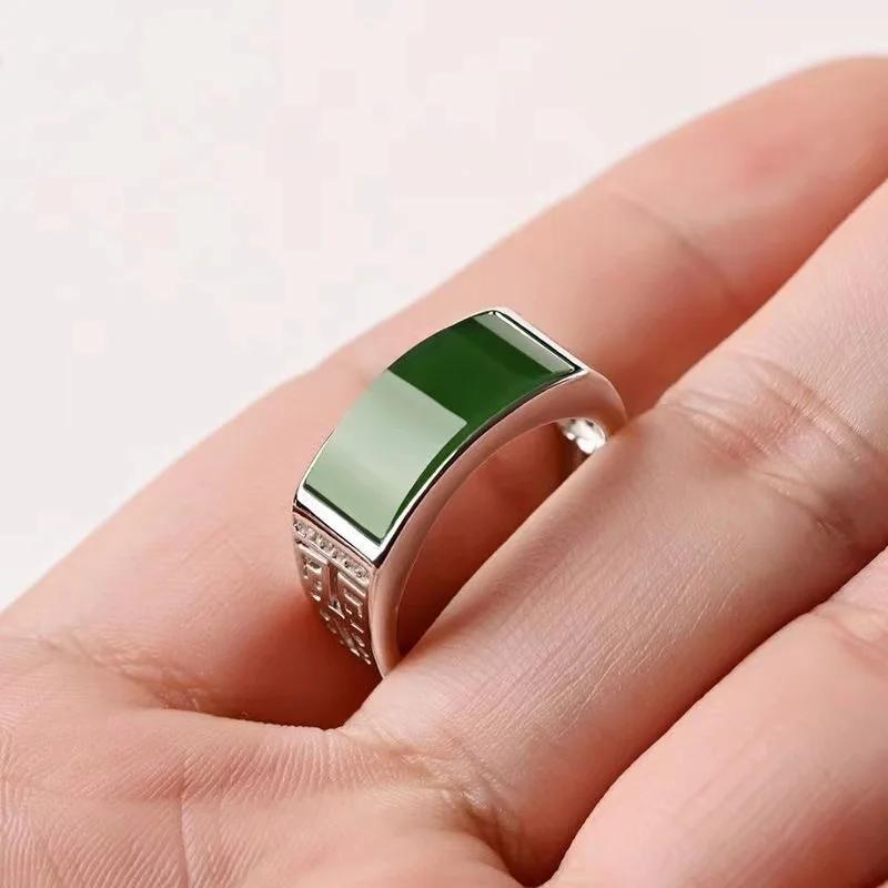 New Real Green Natural Hetian Jade Ring 925 Sterling Silver Ring Couple Rings Men Women Jewelry Lucky Stone Jade Finger Ring