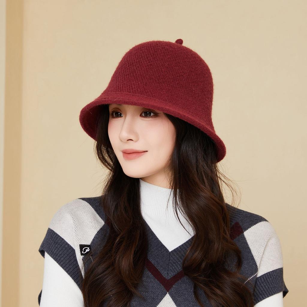 Fashion Bucket Hat Women'S Spring And Autumn Winter Solid Color Knitted Wool Bucket Hat Cover Face Tide Japanese