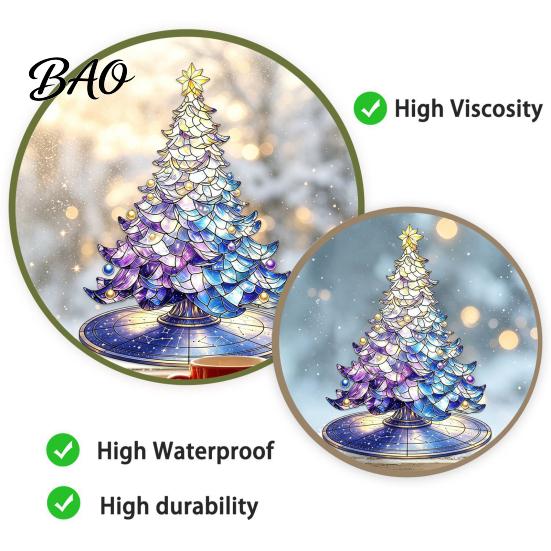 Indoor Outdoor Christmas Decorations Stained Glass Style Tree Static Window Cling, Gradient Starry Sky Reusable Festive Home Decor Xmas Sticker,