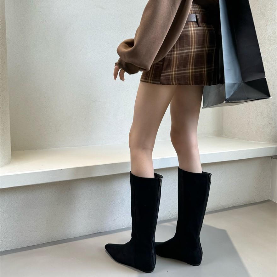 Inner heightening khaki pants tube boots long boots women's shoes 2025 new autumn and winter square head thin long tube knight boots