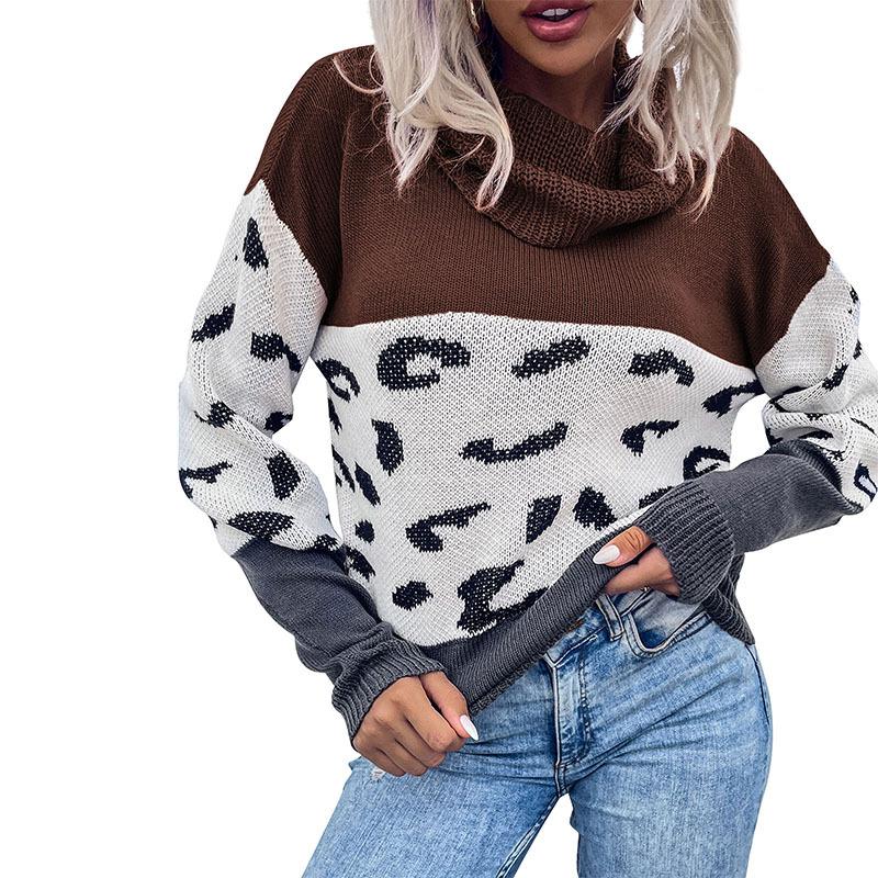 Vintage Fashion Elegant Casual Autumn and Winter Women's Leopard Print Color Collision Long-sleeved Pullover Sweater Women