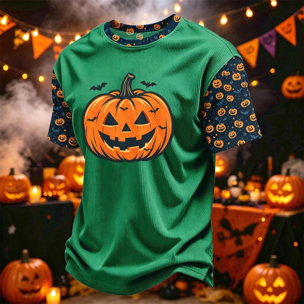 Herren Freizeit Corduroy Kurzarm Rundhals Leicht Atmungsaktiv T-Shirt mit Halloween Kürbis Print Design Bequeme Passform