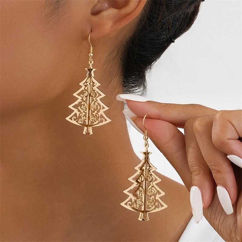

3D Xmas Gold Color Snowflake Earrings Hook Christmas Tree Rhinestone Decor Hoop Earrings New Year Party Hanging Women Earrings