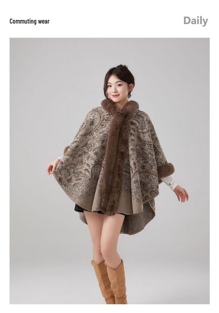 European & American Fall/Winter Faux Mink Fur Hooded Shawl Cape Woolen Cardigan for Women Plus Size