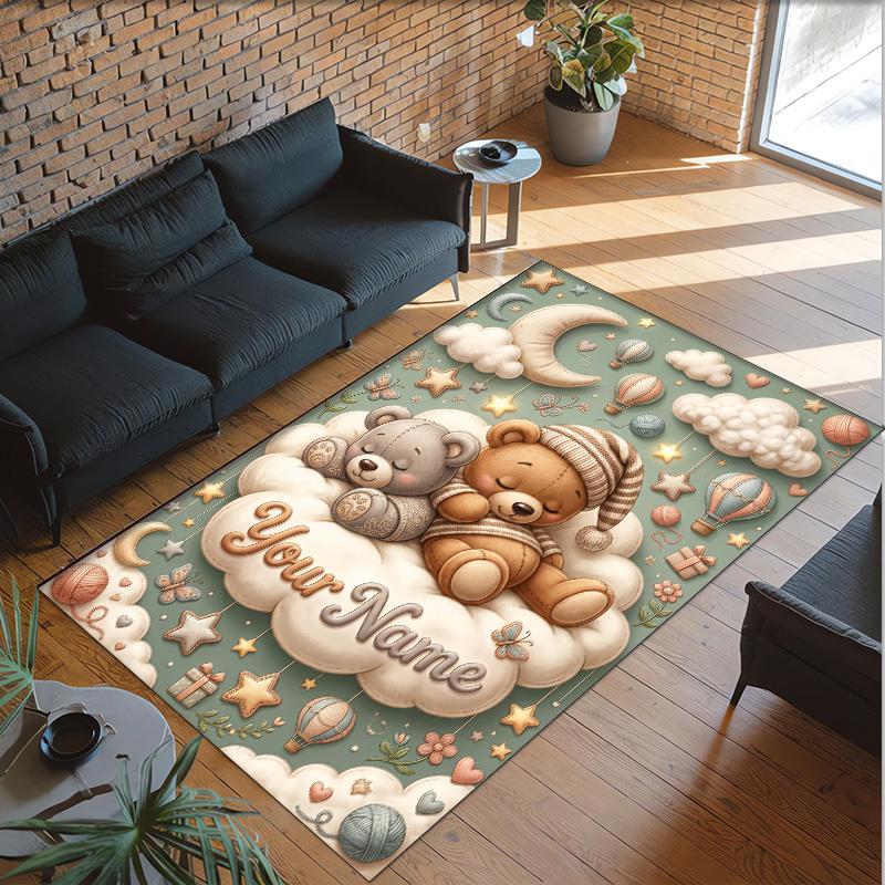 Teddy Bear Theme Crystal Velvet Rug Personalized Custom Name Text Soft Floor Mat Home Decor