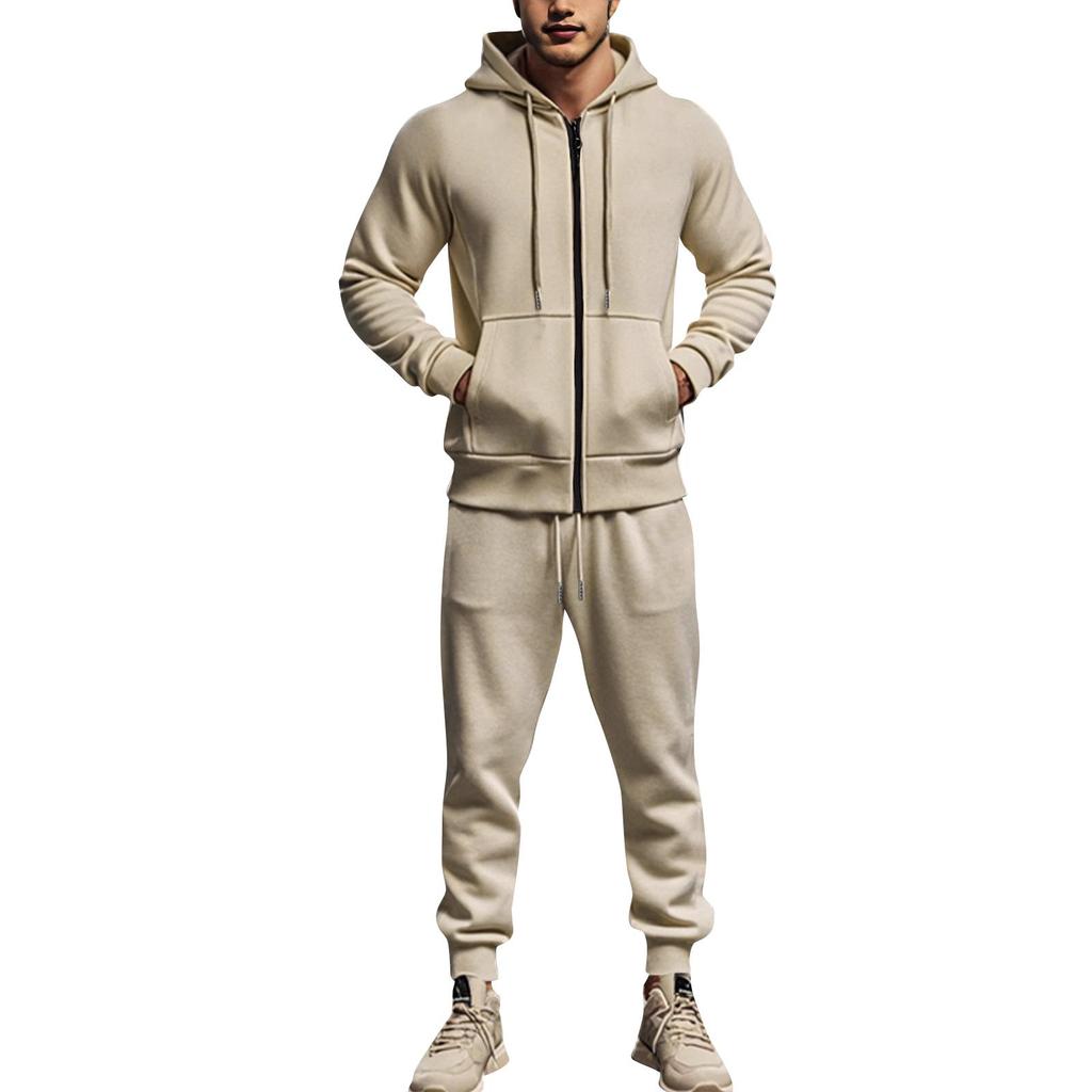 Pánská jednobarevná sportovně ležérní souprava s kapucí a dlouhým rukávem, fleecová teplá dvoudílná souprava