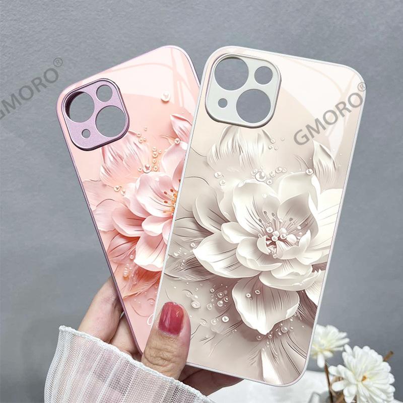 Light luxury three-dimensional color flower Apple 15promax mobile phone case glass high-end iPhone17 girls