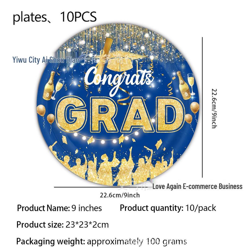 Graduation Party Disposable Tableware Set: Paper Plates, Cups, Banner, Tablecloth, and Knives. Perfect for University Graduation Celebrations.