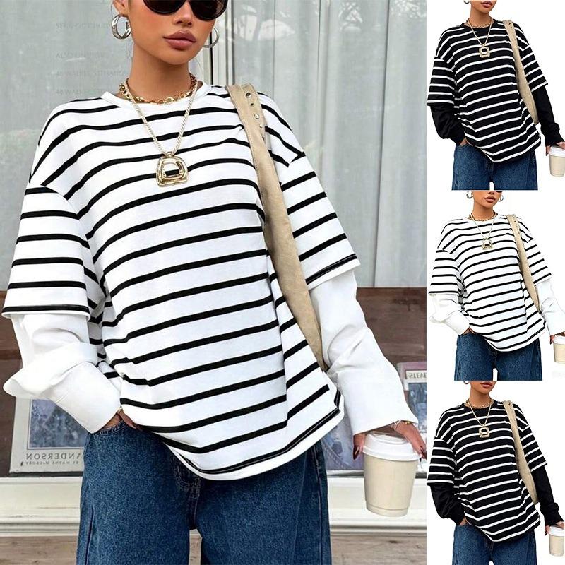 Women Striped Crew Neck Fake Two Piece Loose Long Sleeve Casual Sweatshirt