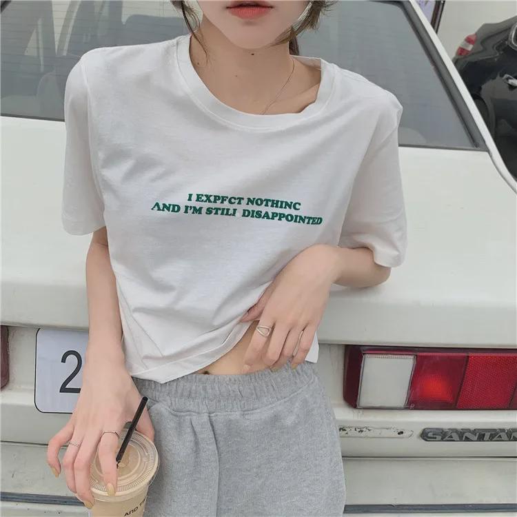 2025 Summer Women's Loose Short-Sleeve Crop Top with Letter Print