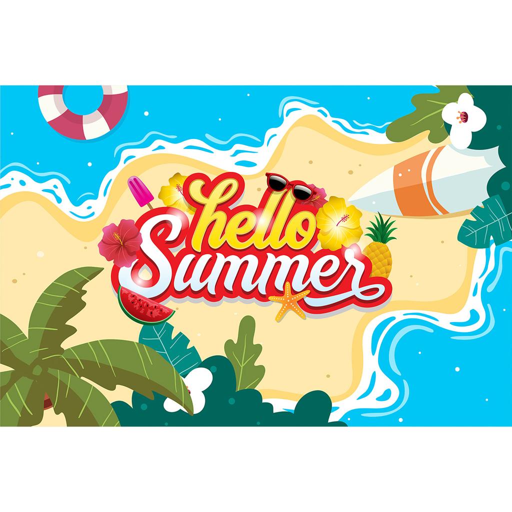 Hawaiian Beach Backdrop Hello Summer Tropical Ocean Palm Tree Surfboard Photo Background Luau Aloha Party Photo Booth Banner