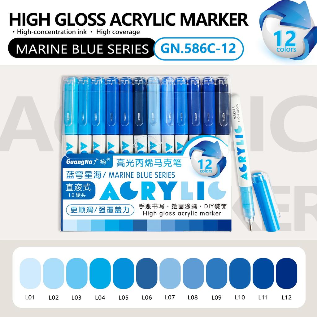 GuangNa 12 Colors/box Direct Liquid Hardhead High-gloss Acrylic Marker, for Student Notebook Writing, DIY Painting Graffiti