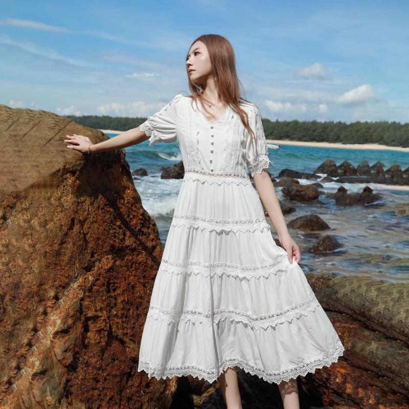 

Short-Sleeve White Maxi Dress - Vacation & Photo-Ready Super Fairy F950 Small