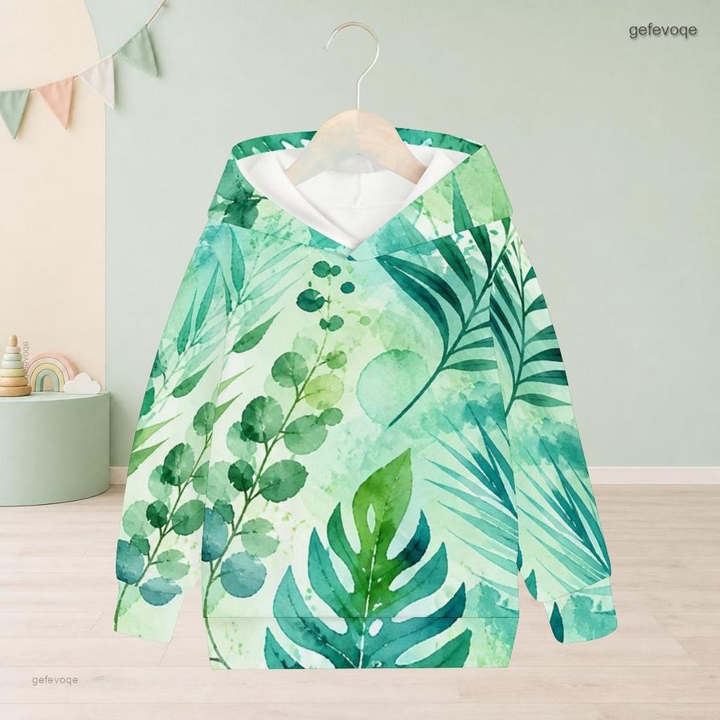 Girls Long Sleeve Hooded Sweatshirt Green Blue Leaf Printed Pullover