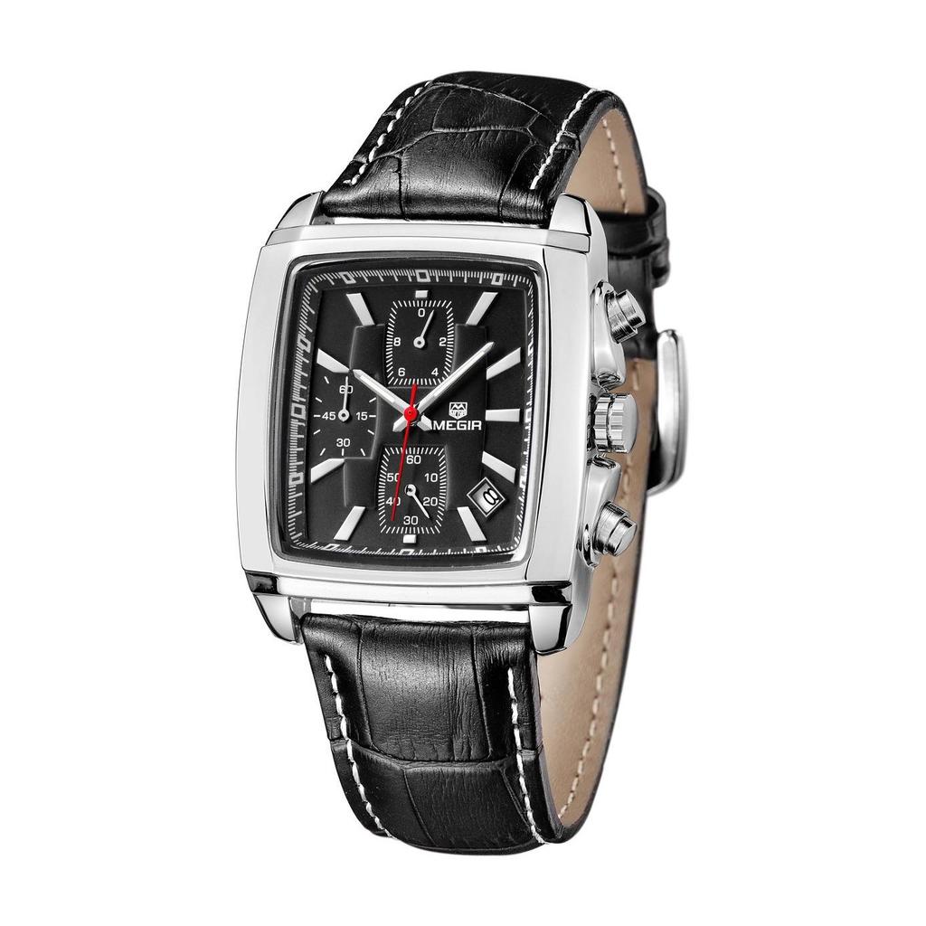 Megir 2028 Fashionable Retro Men's Chronograph Square Leather Watch
