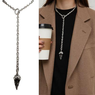 Mysterious Crow Skull Gothic Chain Necklace Metal Adjustable Length Neckchain Unisex Fashion Accessory for Party