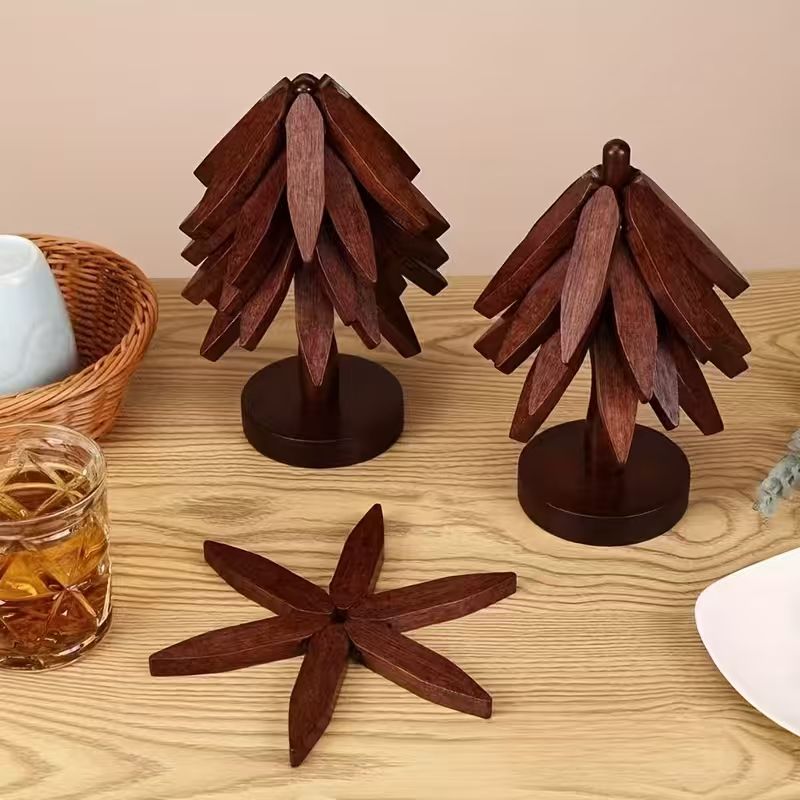 4pcs Heat-Resistant Wooden Walnut Coasters Set, Self-Recovering Creative Tree-Shaped Heat Insulation Non-Slip  Pads,