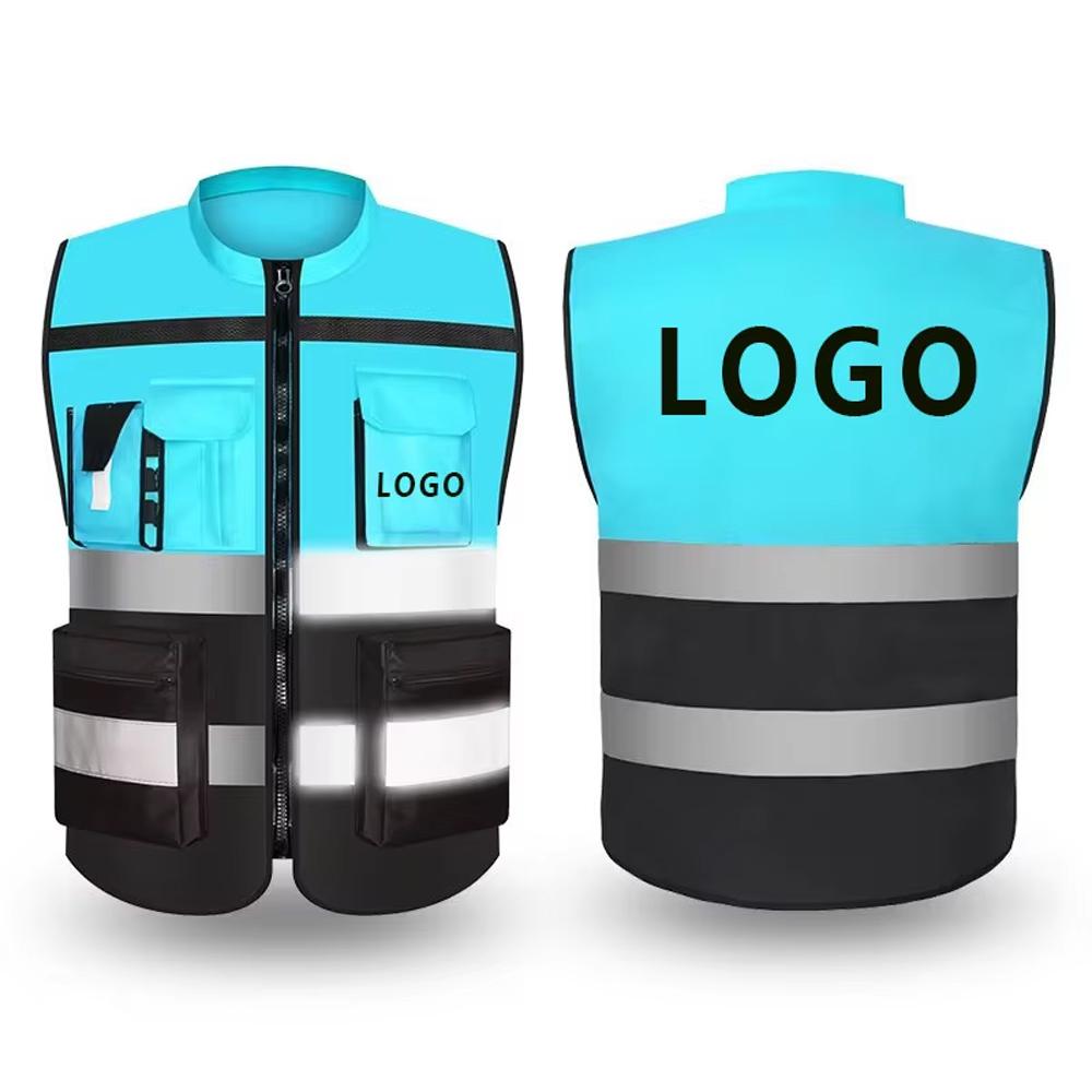 Custom Logo Safety Vest For Construction Work Two Tone High Visibillity Workwear Vest With Pockets And Zipper