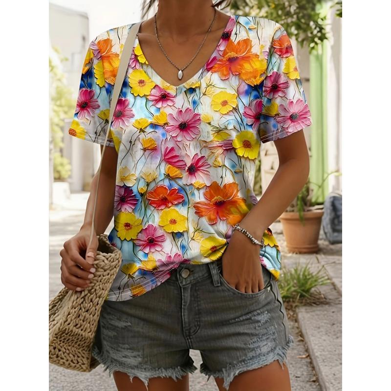 Summer V-neck 3D Flower Printed Top Fashionable Casual Elegant Short Sleeved Women's T-shirts
