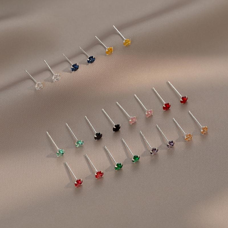 Real 925 Sterling Silver Round Zircon Stud Earrings For Women Classic Fine Jewelry Minimalist Ear Piercing Accessories