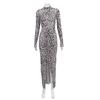 Women's Round Neck Long Sleeve Tight Bag Hip Slit Sexy Hot Casual Fashion Leopard Print Dress